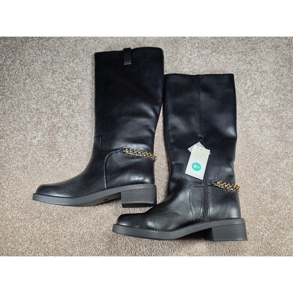 A New Day Womens Black Tall Boots Gold Chain Detail Side Zip Block Heel 9.5